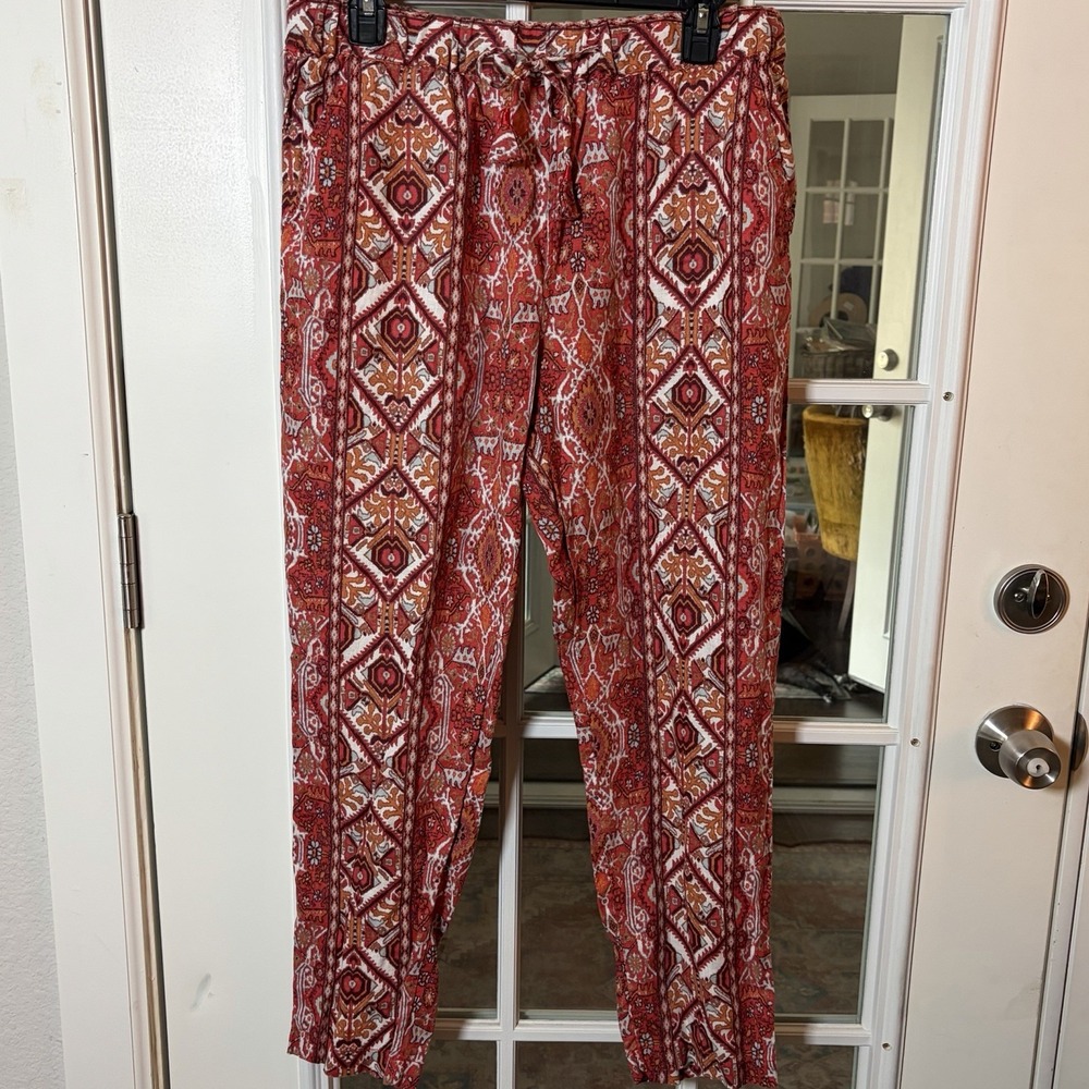 Rachel Zoe 100% Linen Boho Paisley Print Pants Medium Red Orange Drawstring
